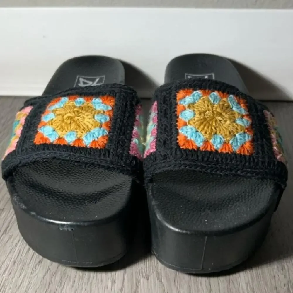 Black platform sandals with colorful